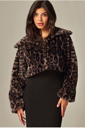 BUNNY-501<br/>Leopard Cropped Faux Fur Coat Jacket