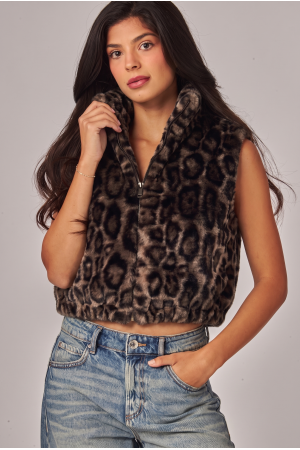 BUNNY-601<br/>Leopard Print Cozy Glamour Faux Fur Cropped Vest