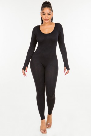 CS02<br/>Stretchy Ribbed Seamless Long Sleeve Jumpsuit