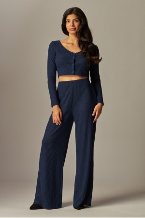 EMILY-01S<br/>Mélange Knitted Long Sleeve Button Down Pant Set