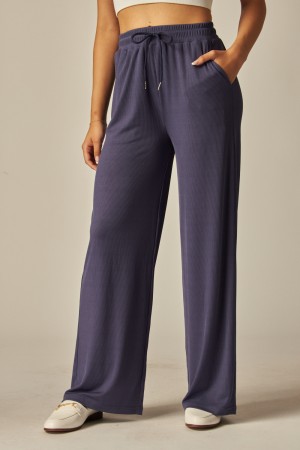 EVE01<br/>Stretchy Ribbed Drawstring Pocket Wide Leg Pants