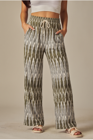 EVE02<br/>Printed Stretchy Ribbed Drawstring Pocket Wide Leg Pants