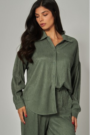 IRIS-11S<br/>Crinkled Plisse Button Down Shirt Loungewear Set