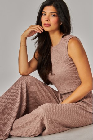 IRIS-1RH<br/>Crinkled Rhinestone Crop Top Loungewear Pant Set