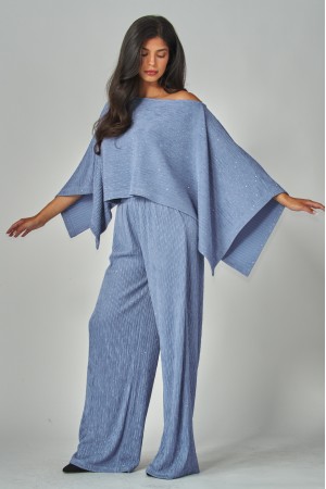 IRIS-22RH<br/>Crinkled Rhinestone Cape Kimono Luxury Pants Set
