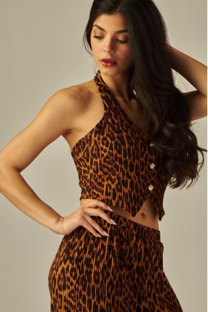 IRIS-8SP<br/>Leopard Crinkled Plisse Vest 2pc Pants Set