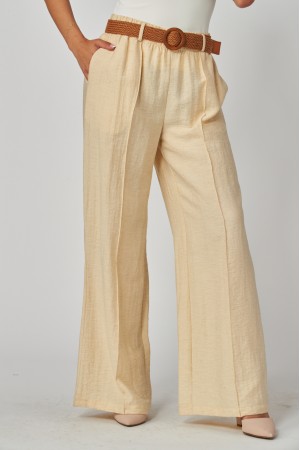 LAUREN-03P<br/>Linen Pleated Pants with Woven Rattan Stretch Belt