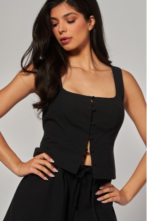 LAUREN-10T<br/>Linen Square Neck Button Up Vest