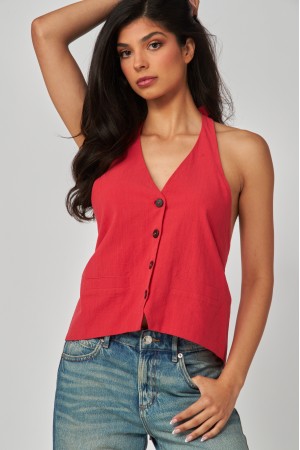 LAUREN-12T<br/>Linen Open Back Halter Vest
