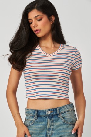 MIU-08<br/>Striped Cotton V-Neck Crop Tee