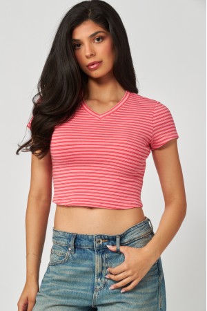 MIU-08<br/>Cotton Striped V-Neck Crop Tee