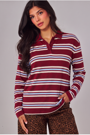 MIU-11<br/>Polo Collar Stripe Long Sleeve Top