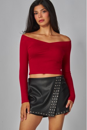 RILEY-04<br/>Fine Ribbed Off Shoulder Cinched Long Sleeve Top