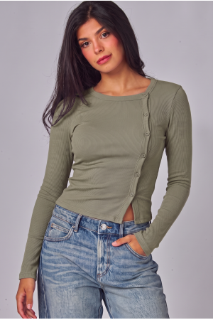 RILEY-07<br/>Fine Ribbed Crew Neck Button Closure Long Sleeve Top