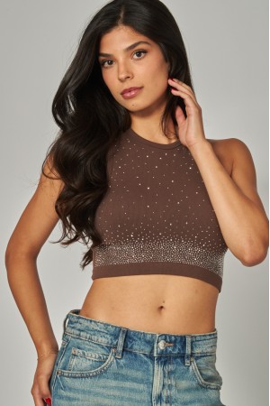 STONE-01<br/>Rhinestone Embellished Crop Seamless Tee