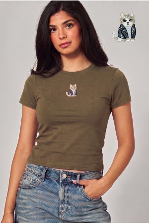 TEE-12 ROCK N ROLL<br/>Cotton Blend Rock N Roll Kitty Applique Top Tee